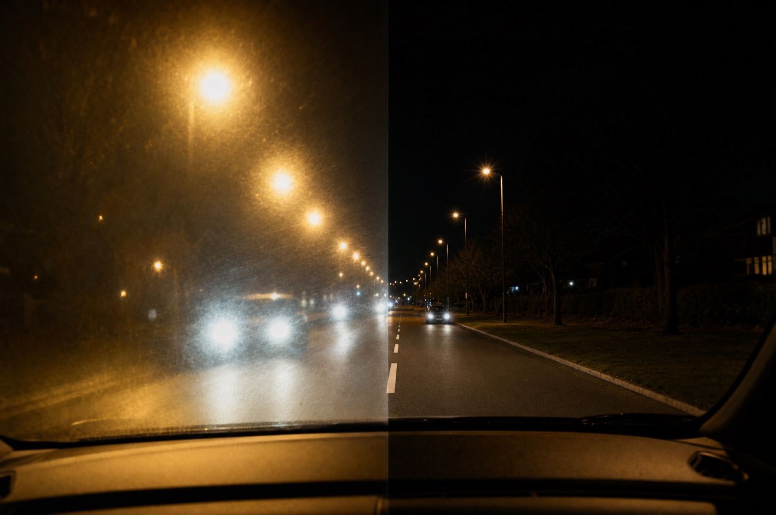 同一條夜路的左右對比：左半是油膜下的漫反射，路燈與車燈暈成一團眩光；右半是乾淨玻璃，燈源銳利、輪廓清晰